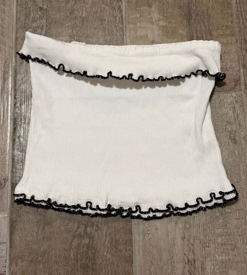 Free People Ribbed Lettuce Edge Tube Top White Black Size M NWOT
